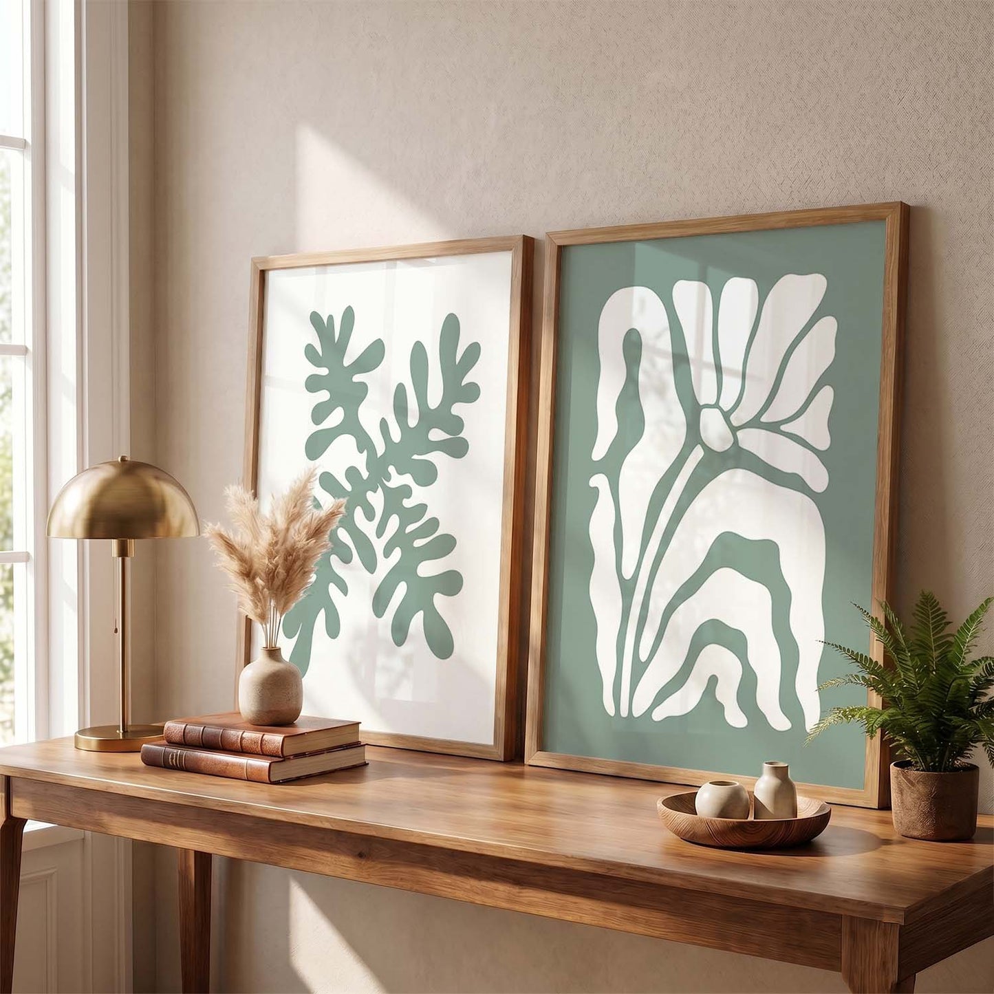 Muted Green Leaf Botanical Wall Art Set of 2 Framed Prints