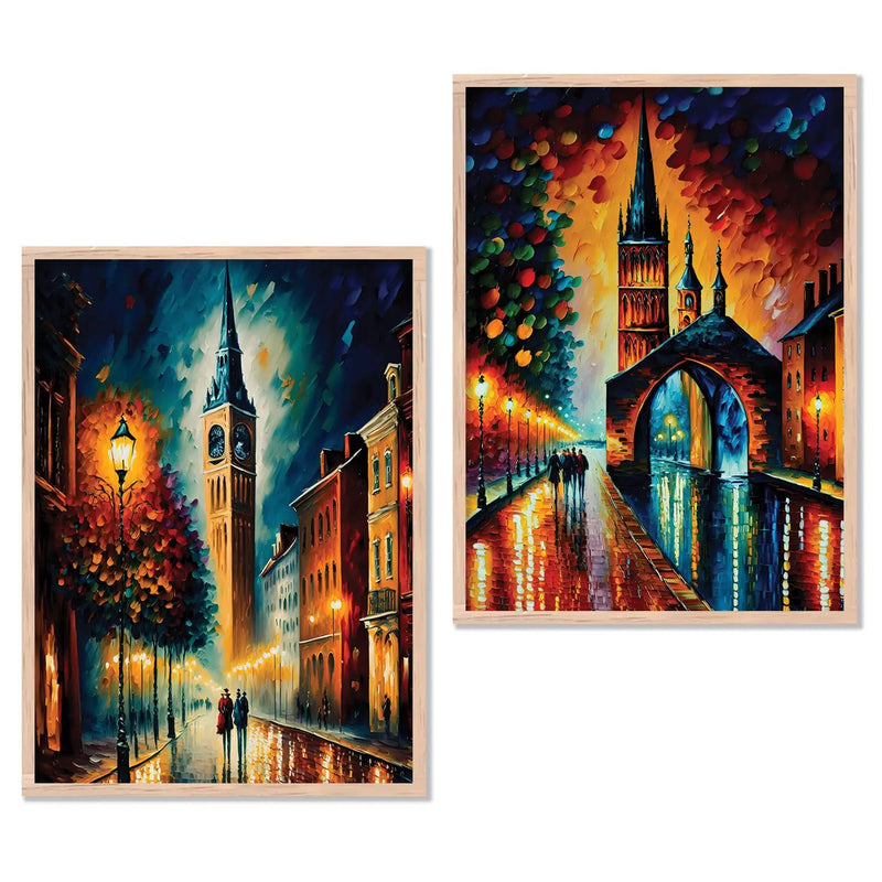 Vibrant Cityscape Prints: Illuminated Nighttime Streets & Historical Landmarks