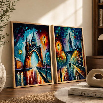 Vibrant Cityscape Prints: Illuminated Nighttime Streets & Historical Landmarks