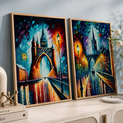 Vibrant Cityscape Prints: Illuminated Nighttime Streets & Historical Landmarks