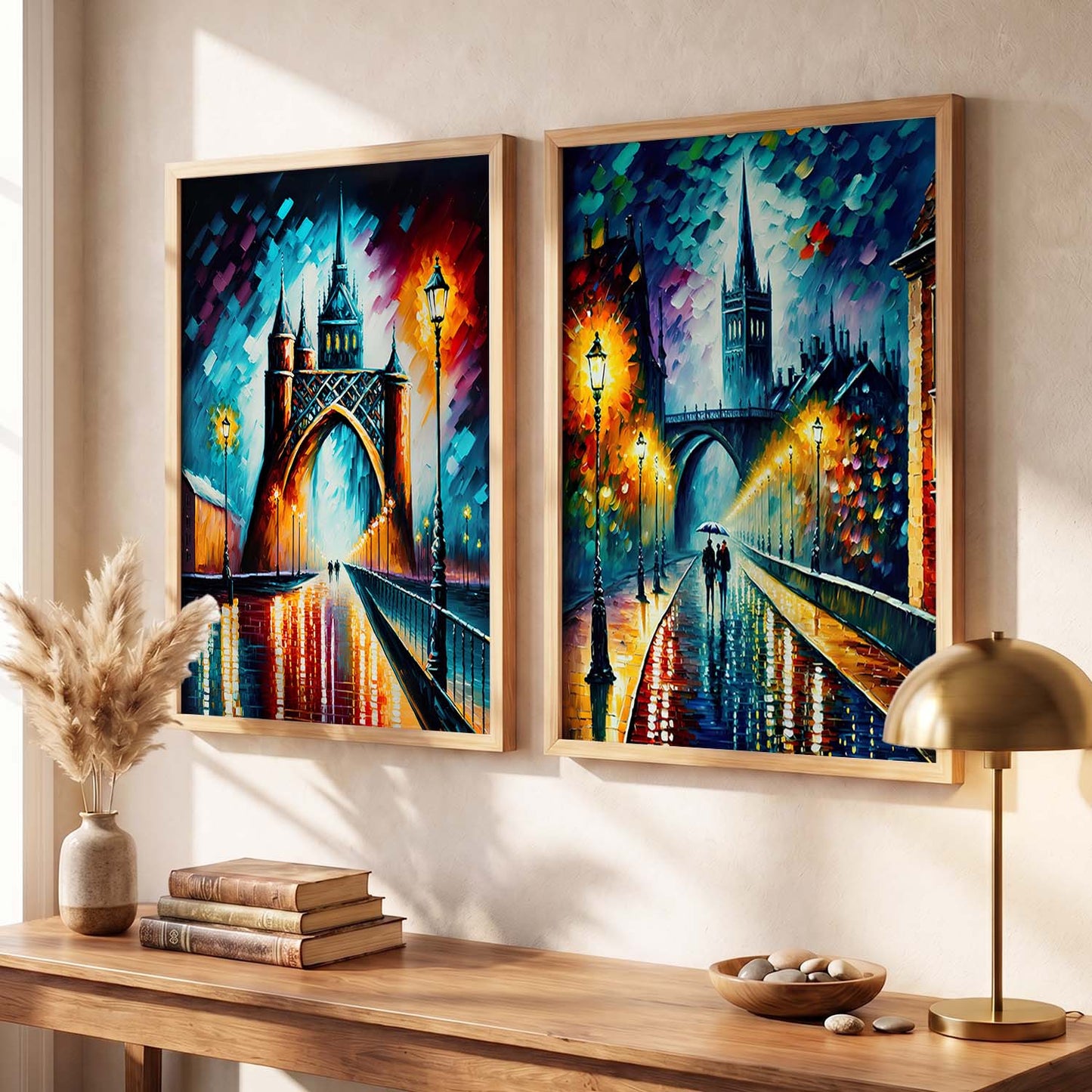 Vibrant Cityscape Prints: Illuminated Nighttime Streets & Historical Landmarks