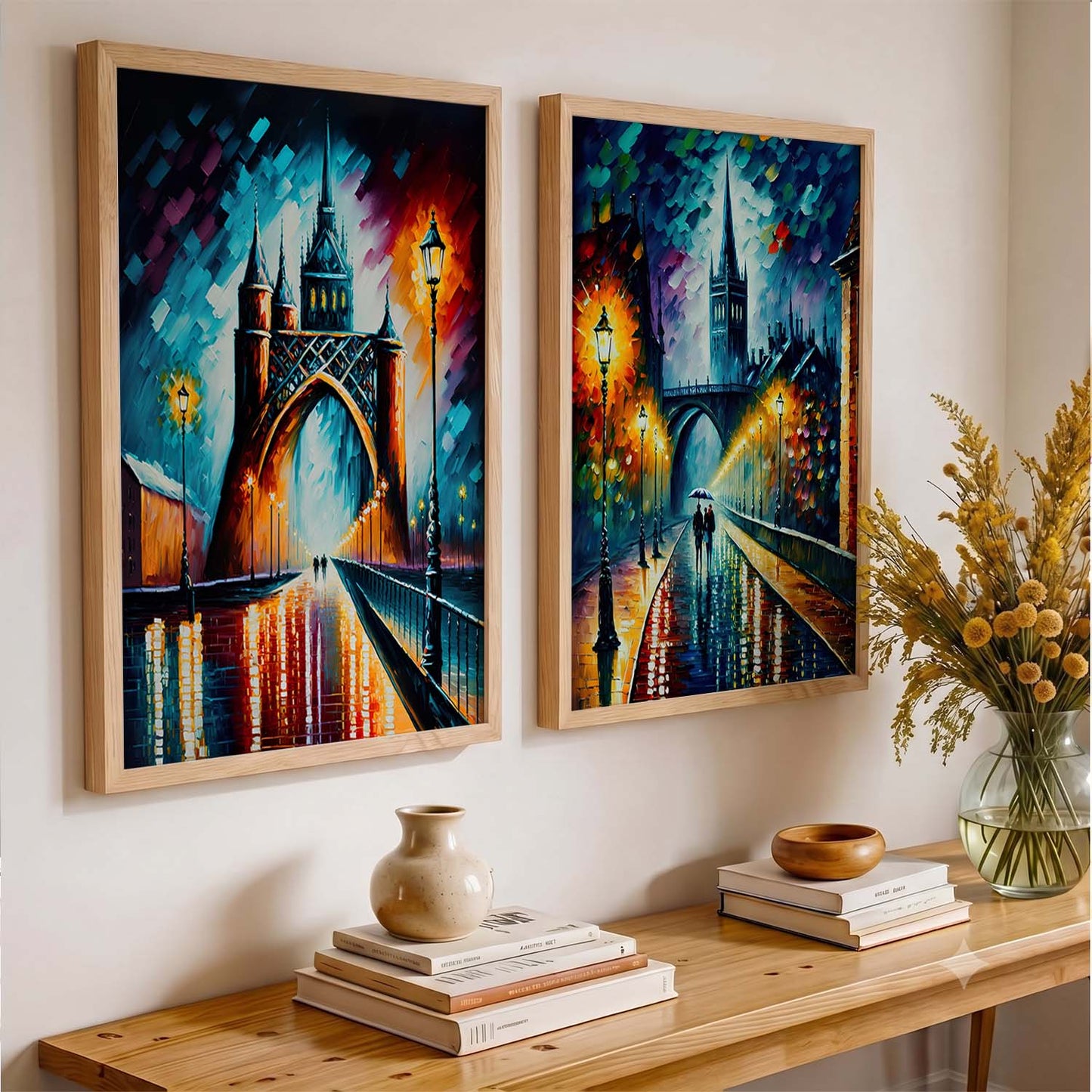 Vibrant Cityscape Prints: Illuminated Nighttime Streets & Historical Landmarks