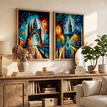 Vibrant Cityscape Prints: Illuminated Nighttime Streets & Historical Landmarks