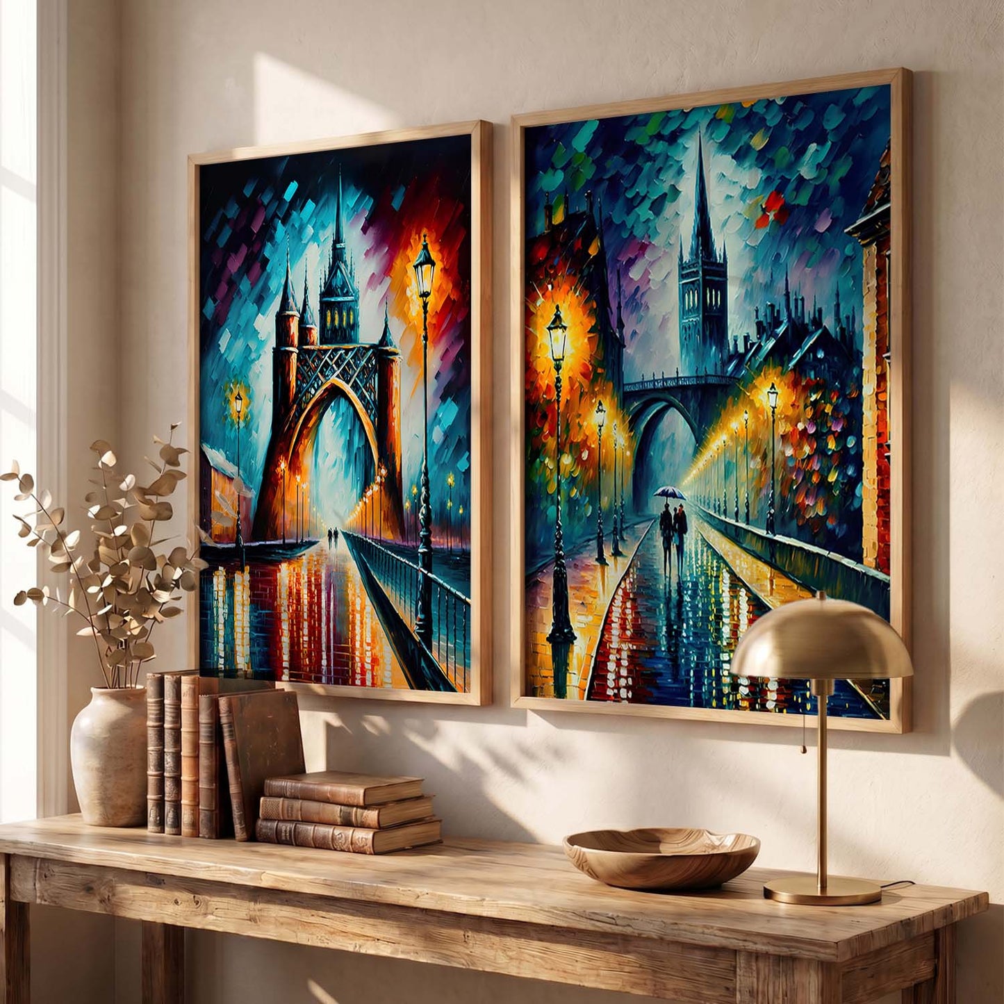 Vibrant Cityscape Prints: Illuminated Nighttime Streets & Historical Landmarks