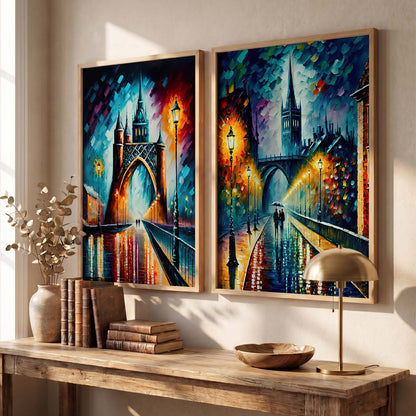 Vibrant Cityscape Prints: Illuminated Nighttime Streets & Historical Landmarks