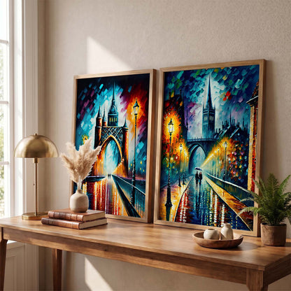 Vibrant Cityscape Prints: Illuminated Nighttime Streets & Historical Landmarks