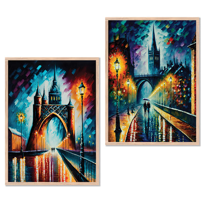 Vibrant Cityscape Prints: Illuminated Nighttime Streets & Historical Landmarks