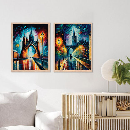 Vibrant Cityscape Prints: Illuminated Nighttime Streets & Historical Landmarks