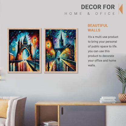 Vibrant Cityscape Prints: Illuminated Nighttime Streets & Historical Landmarks