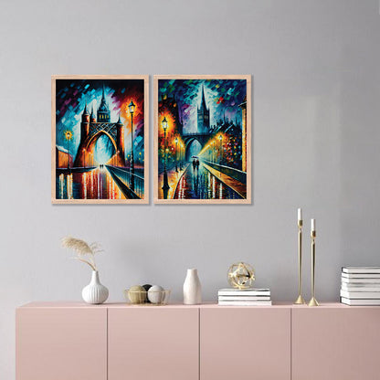 Vibrant Cityscape Prints: Illuminated Nighttime Streets & Historical Landmarks