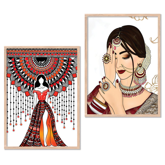 Exquisite Cultural Art Prints: Mandala-Inspired Dancer & Elegantly Adorned Woman - Set of 2 Framed Illustrations