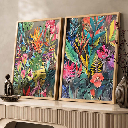 Lush Botanical Bliss Framed Art: Radiant Tropical Foliage & Flowers Wall Decor