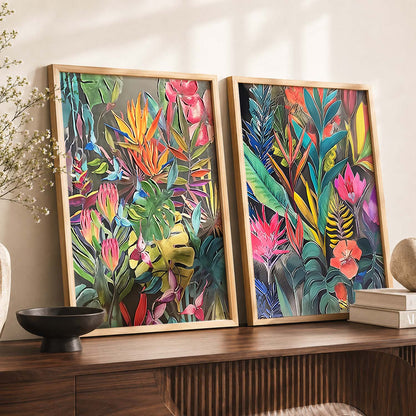 Lush Botanical Bliss Framed Art: Radiant Tropical Foliage & Flowers Wall Decor