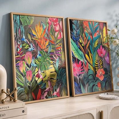 Lush Botanical Bliss Framed Art: Radiant Tropical Foliage & Flowers Wall Decor
