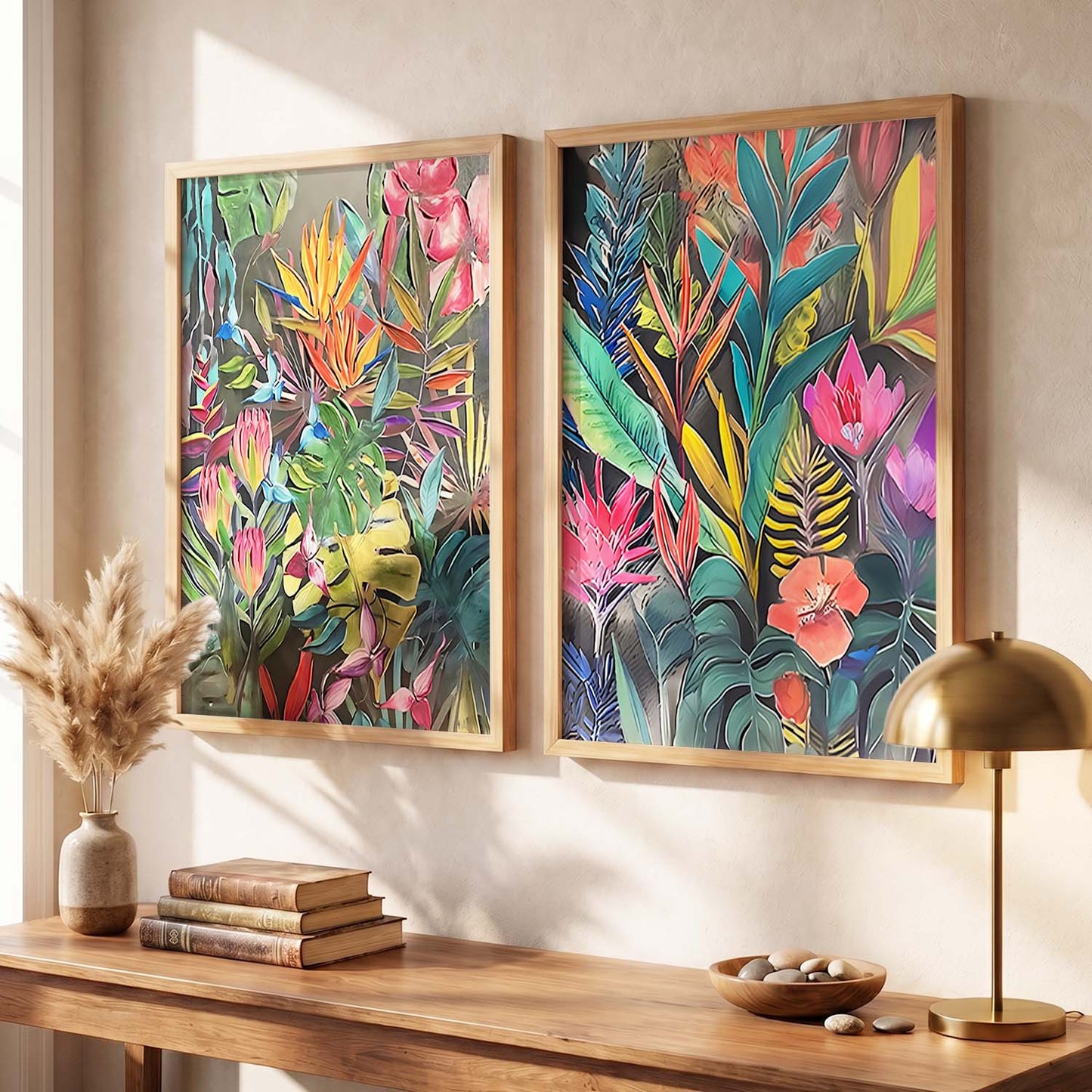 Lush Botanical Bliss Framed Art: Radiant Tropical Foliage & Flowers Wall Decor