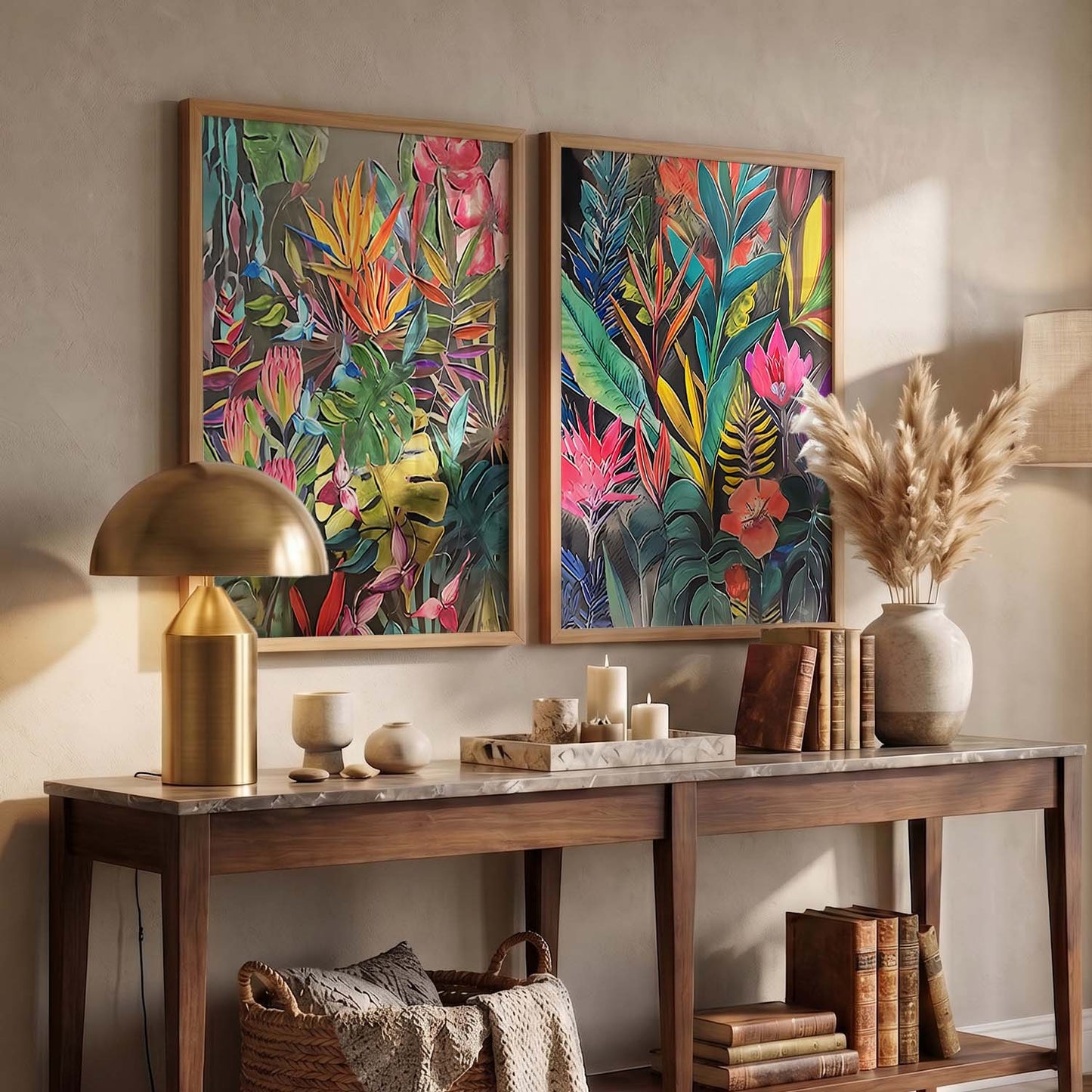 Lush Botanical Bliss Framed Art: Radiant Tropical Foliage & Flowers Wall Decor