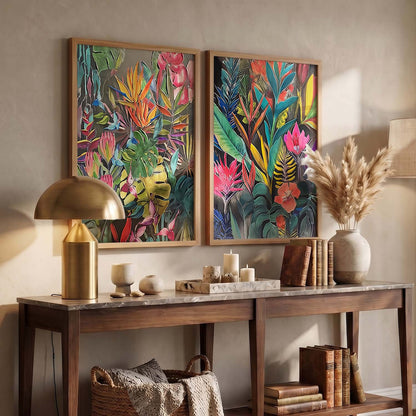 Lush Botanical Bliss Framed Art: Radiant Tropical Foliage & Flowers Wall Decor