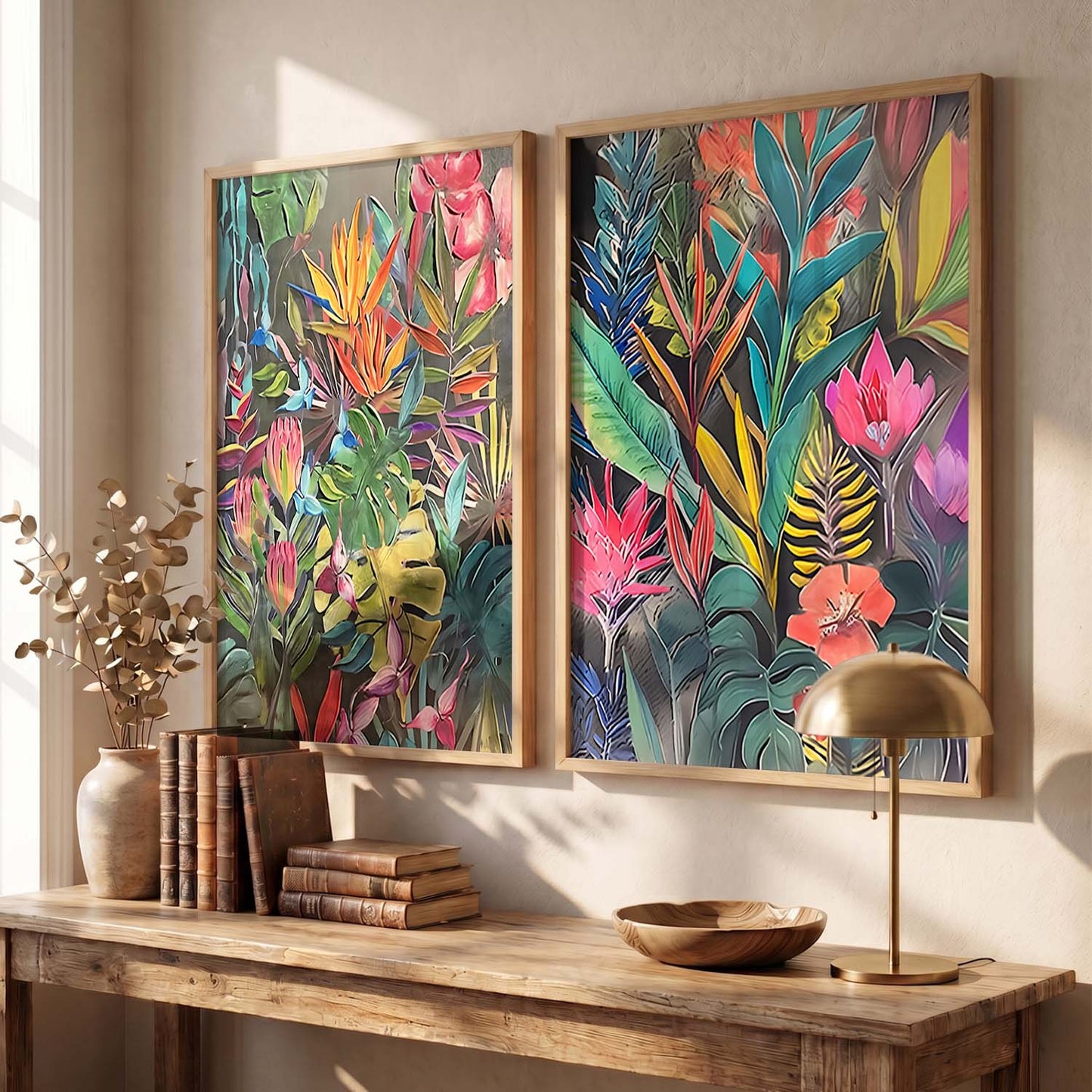 Lush Botanical Bliss Framed Art: Radiant Tropical Foliage & Flowers Wall Decor