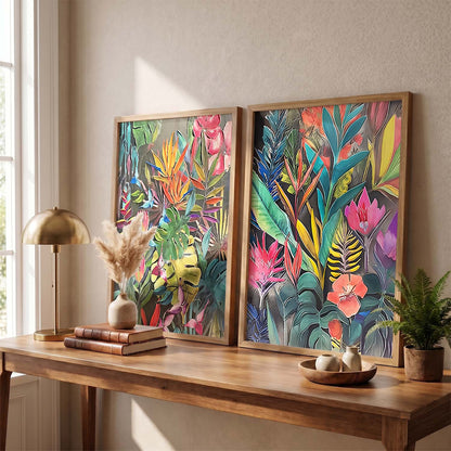 Lush Botanical Bliss Framed Art: Radiant Tropical Foliage & Flowers Wall Decor