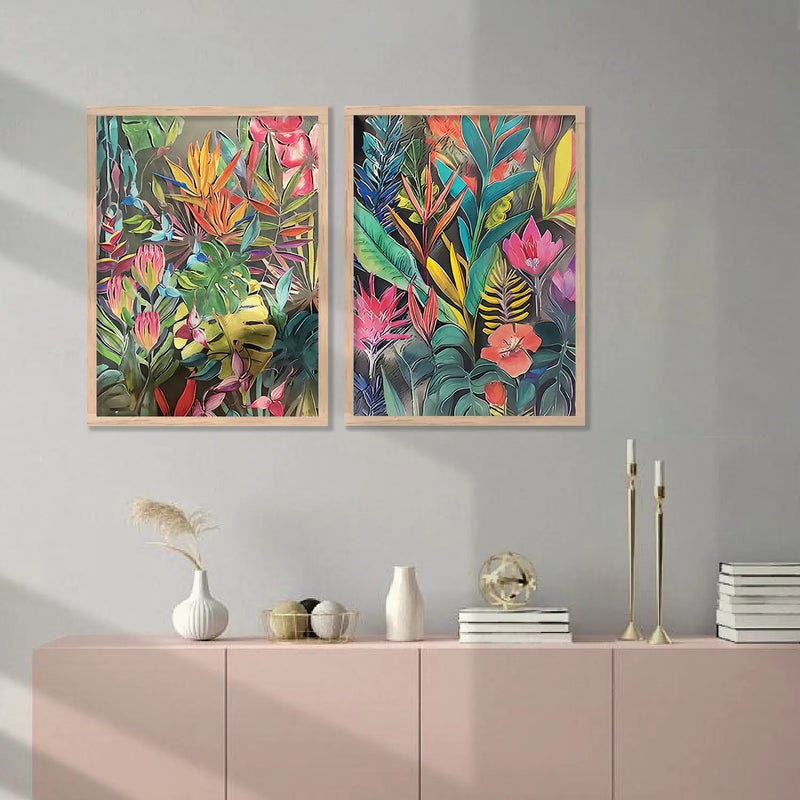Lush Botanical Bliss Framed Art: Radiant Tropical Foliage & Flowers Wall Decor
