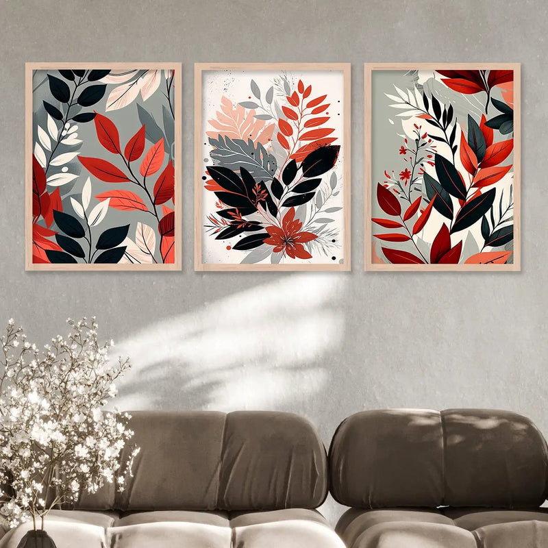 Framed Botanical Elegance - Red Leaf Paintings for Living Room Bedroom Home and Office Wall Decor-Kotart