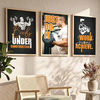 Gym Modern Motivational Quotes - Typography Design Wall Art Set of 3 Framed Prints