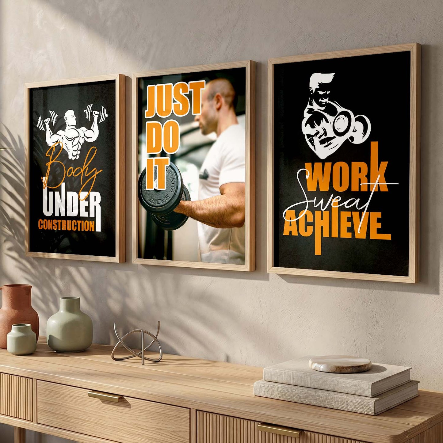 Gym Modern Motivational Quotes - Typography Design Wall Art Set of 3 Framed Prints