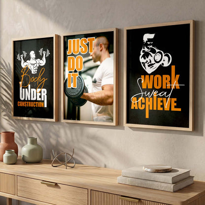 Gym Modern Motivational Quotes - Typography Design Wall Art Set of 3 Framed Prints