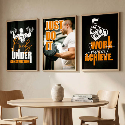 Gym Modern Motivational Quotes - Typography Design Wall Art Set of 3 Framed Prints