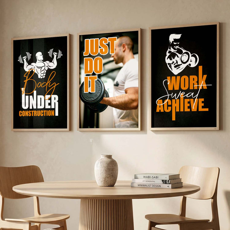 Gym Modern Motivational Quotes - Typography Design Wall Art Set of 3 Framed Prints
