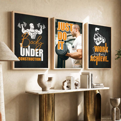 Gym Modern Motivational Quotes - Typography Design Wall Art Set of 3 Framed Prints