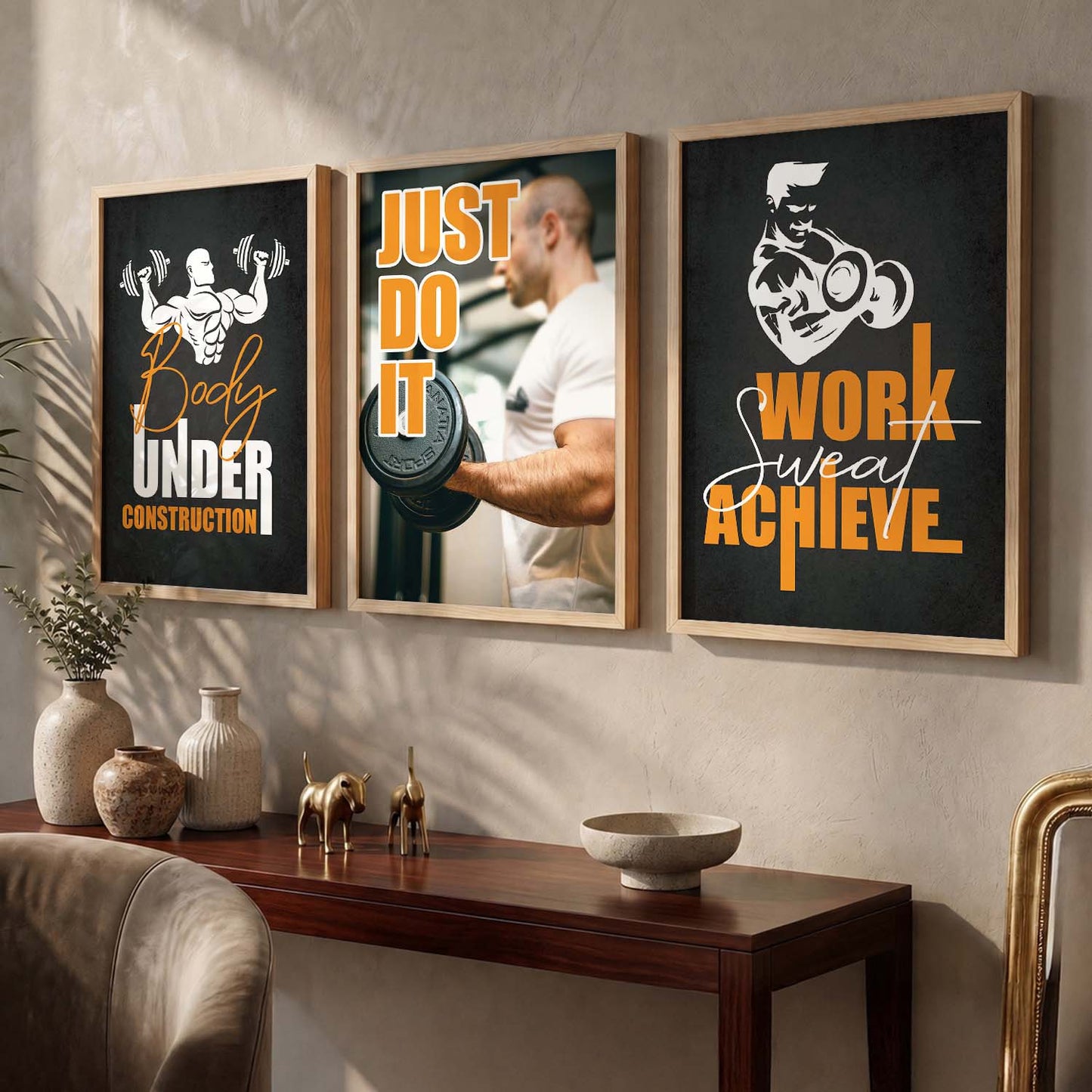 Gym Modern Motivational Quotes - Typography Design Wall Art Set of 3 Framed Prints