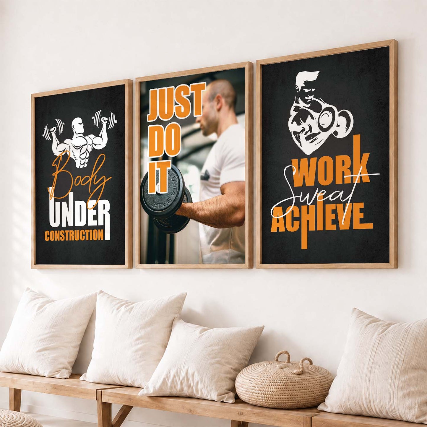 Gym Modern Motivational Quotes - Typography Design Wall Art Set of 3 Framed Prints