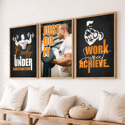 Gym Modern Motivational Quotes - Typography Design Wall Art Set of 3 Framed Prints