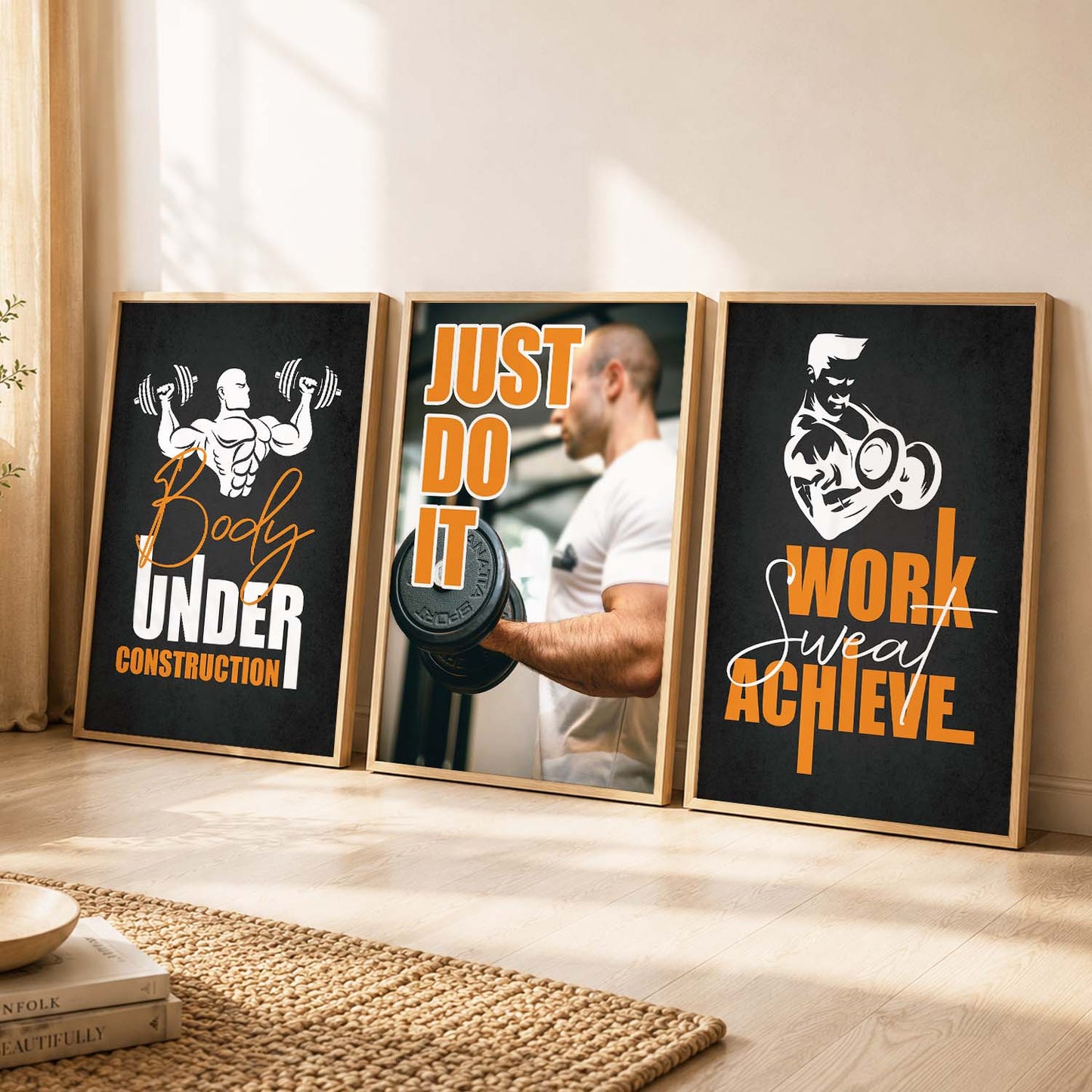 Gym Modern Motivational Quotes - Typography Design Wall Art Set of 3 Framed Prints