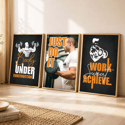 Gym Modern Motivational Quotes - Typography Design Wall Art Set of 3 Framed Prints