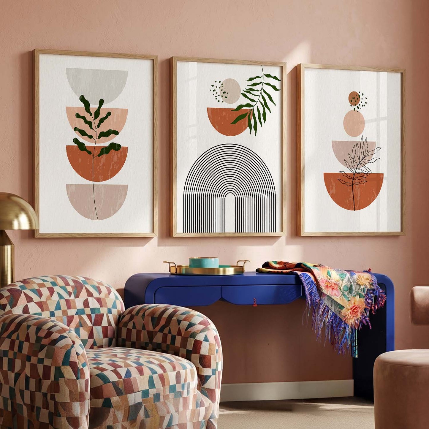 Terracotta Abstract Shape Boho Wall Art Set of 3 Framed Prints
