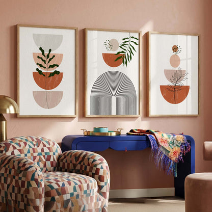 Terracotta Abstract Shape Boho Wall Art Set of 3 Framed Prints