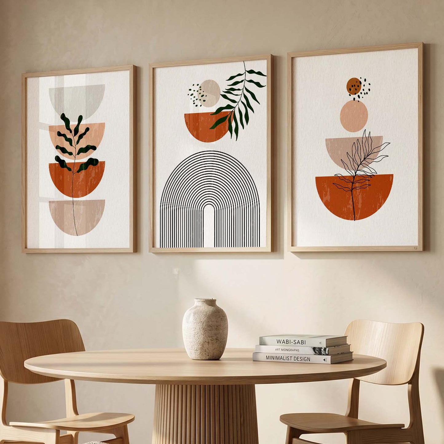 Terracotta Abstract Shape Boho Wall Art Set of 3 Framed Prints