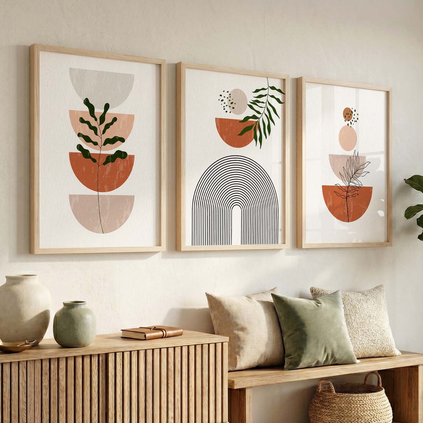 Terracotta Abstract Shape Boho Wall Art Set of 3 Framed Prints