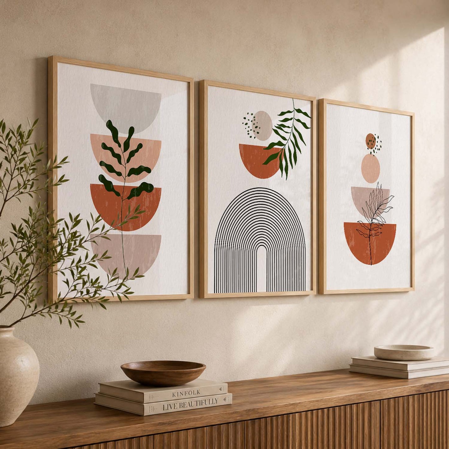 Terracotta Abstract Shape Boho Wall Art Set of 3 Framed Prints