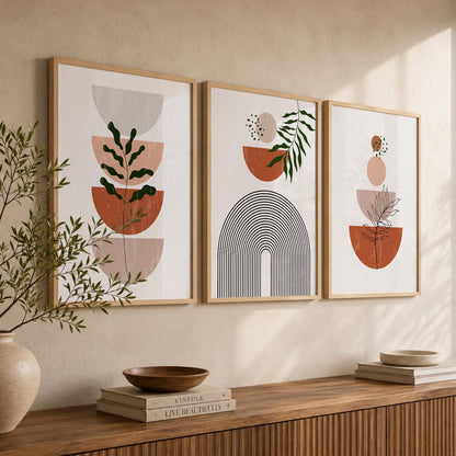 Terracotta Abstract Shape Boho Wall Art Set of 3 Framed Prints