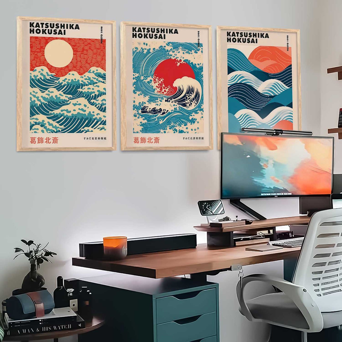 Japanese Waves and Sun Wall Art Paintings for Living Room Bedroom