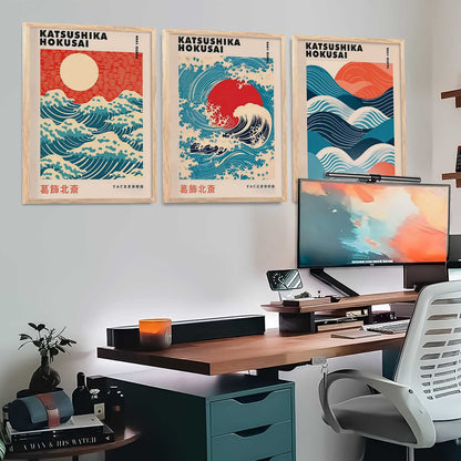 Japanese Waves and Sun Wall Art Paintings for Living Room Bedroom