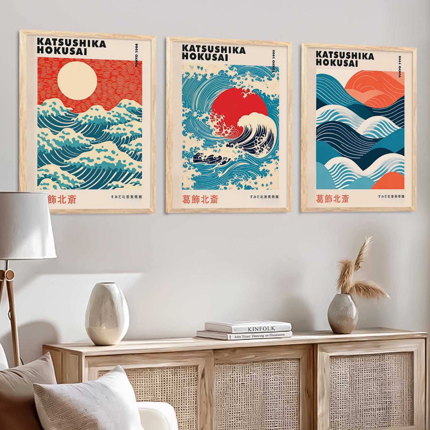 Japanese Waves and Sun Wall Art Paintings for Living Room Bedroom