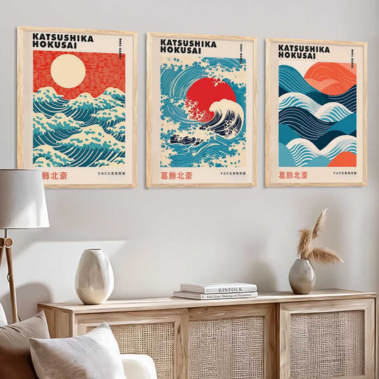 Japanese Waves and Sun Wall Art Paintings for Living Room Bedroom