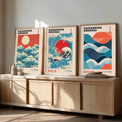Japanese Waves and Sun Wall Art Paintings for Living Room Bedroom