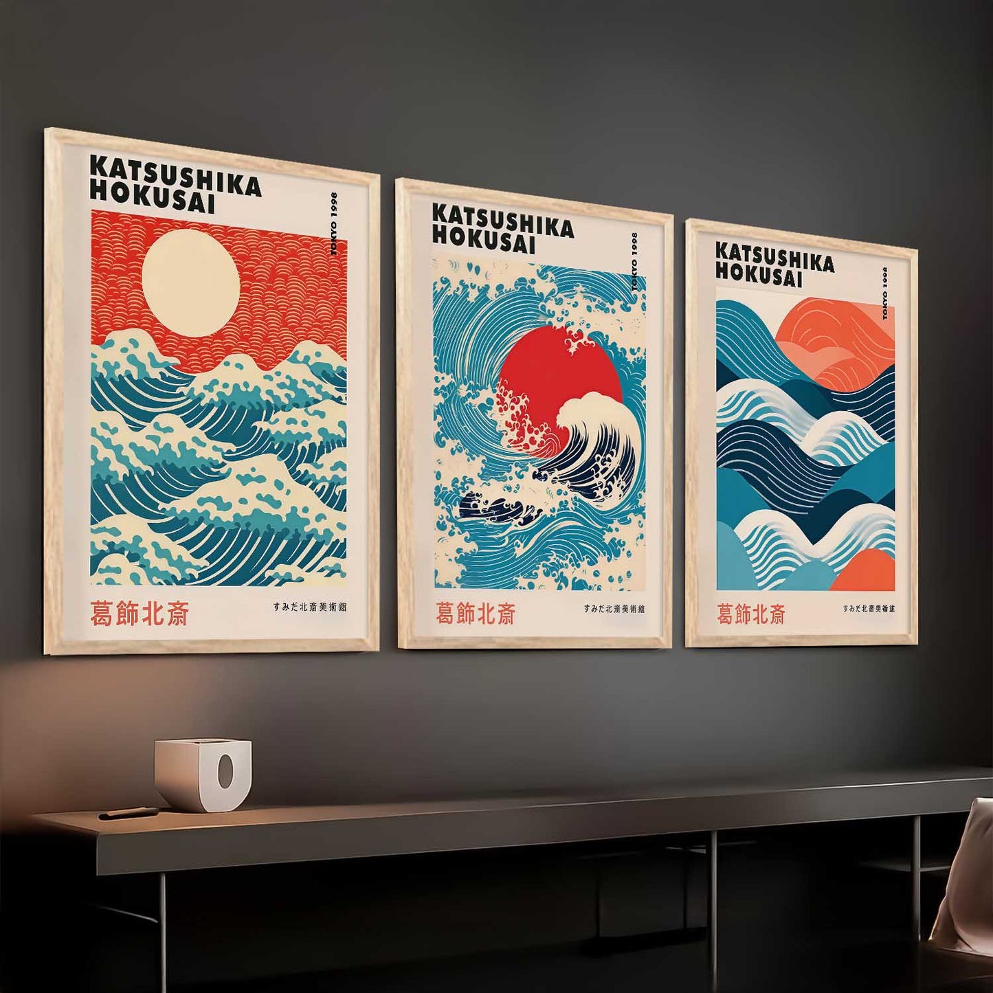 Japanese Waves and Sun Wall Art Paintings for Living Room Bedroom