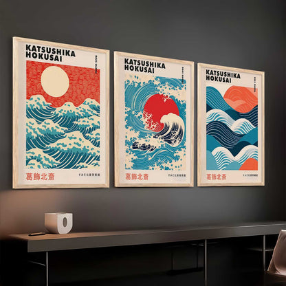 Japanese Waves and Sun Wall Art Paintings for Living Room Bedroom