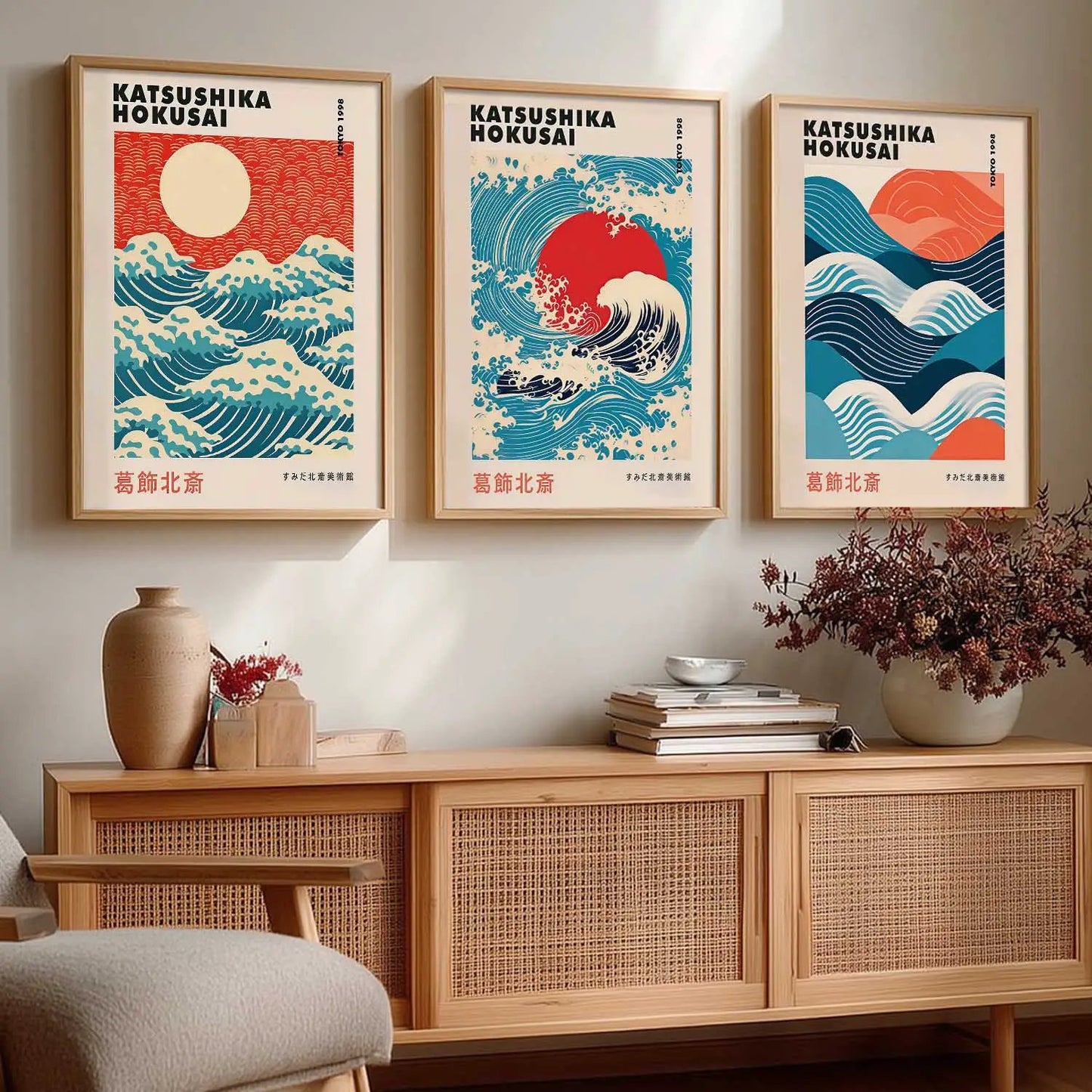 Japanese Waves and Sun Wall Art Paintings for Living Room Bedroom